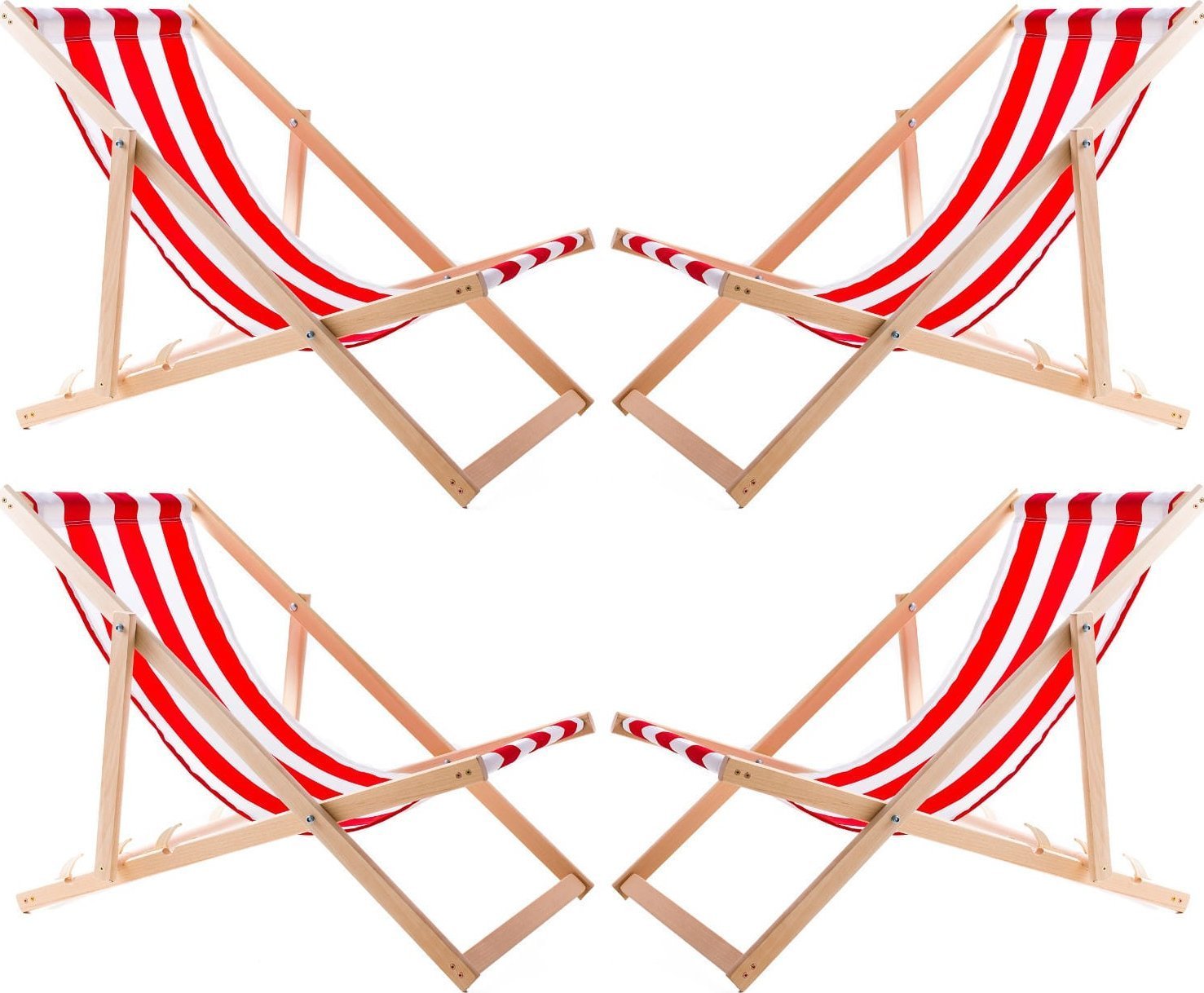 vidaXL Zestaw 4 lezaków, czerwone pasy, zmontowane, woodok