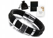 Bransolety męskie - Skórzana Bransoletka Męska Czarna Skóra Srebrna Grawer - miniaturka - grafika 1