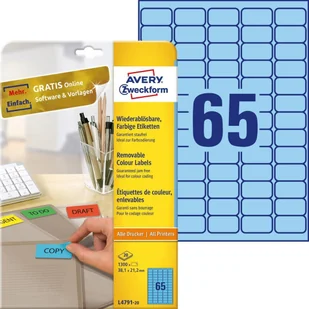 Avery Etykiety usuwalne kolorowe Zweckform; A4, 20 ark./op., 38,1 x 21,2 mm, niebieskie /L4791-20/ ZW485-1 - Etykiety do drukarek - miniaturka - grafika 5
