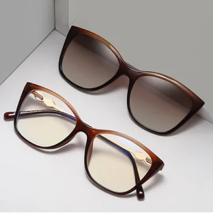 2w1 Okulary damskie do komputera + nakładka przeciwsłoneczna na magnes Clip-On 25161E brązowy - Okulary korekcyjne, oprawki, szkła - miniaturka - grafika 1