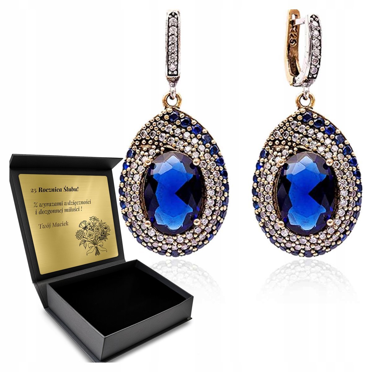 Kolczyki Srebrne 925 Cyrkonie Szafir Biżuteria Dla Kobiety + Grawer