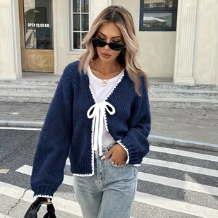 TEMU Elegancki kardigan z dekoltem w szpic na kobietę - stylowy sweter z kolorowymi blokami i wiązaniem z przodu, długi rękaw, regularny krój - - Swetry damskie - miniaturka - grafika 1