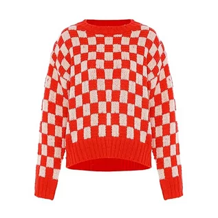 Swetry damskie - Sookie Damski sweter w kratkę z okrągłym wycięciem pod szyją akryl biały czerwony w kratkę rozmiar M/L, Biały, czerwony w kratkę, M - grafika 1