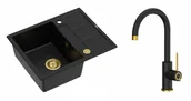 Zlewozmywaki z baterią - Quadron Unique Zlewozmywak granitowy jednokomorowy 62*50*22 cm z ociekaczem MORGAN 116 PURE CARBON z syfonem Push-2-Open w kolorze złotym z baterią JODIE Q LINE SLIM kolor czarny mat/wykończenie złote - miniaturka - grafika 1
