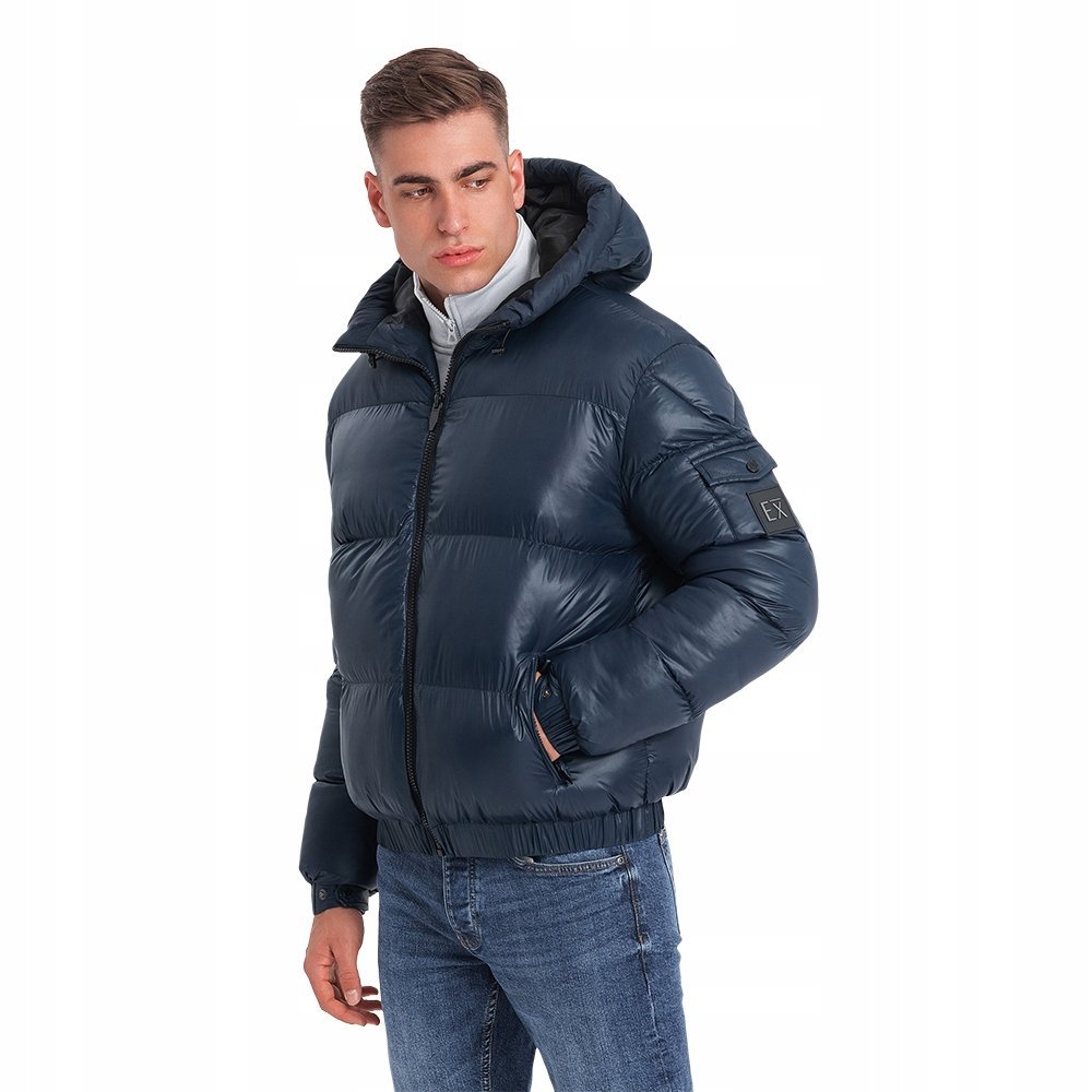 Ciepła kurtka męska puffer ze ściągaczami granatowa V2 OM-JAHP-0207 S