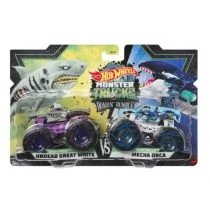 Hot Wheels Zestaw pojazdów Monster Trucks 2-pak Shark Wreak Undead Great White kontra Town Hauler Mecha Orka Mattel - Samochody i pojazdy dla dzieci - miniaturka - grafika 1