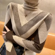 Swetry damskie - TEMU Sweter z Wysokim Dekoltem dla Kobiet - Elegancki Brązowo-Biały Geometryczny Wzór, Długi Rękaw, Casualowa Bluzka na Jesień/Zimę, Stylowa Warstwa - miniaturka - grafika 1