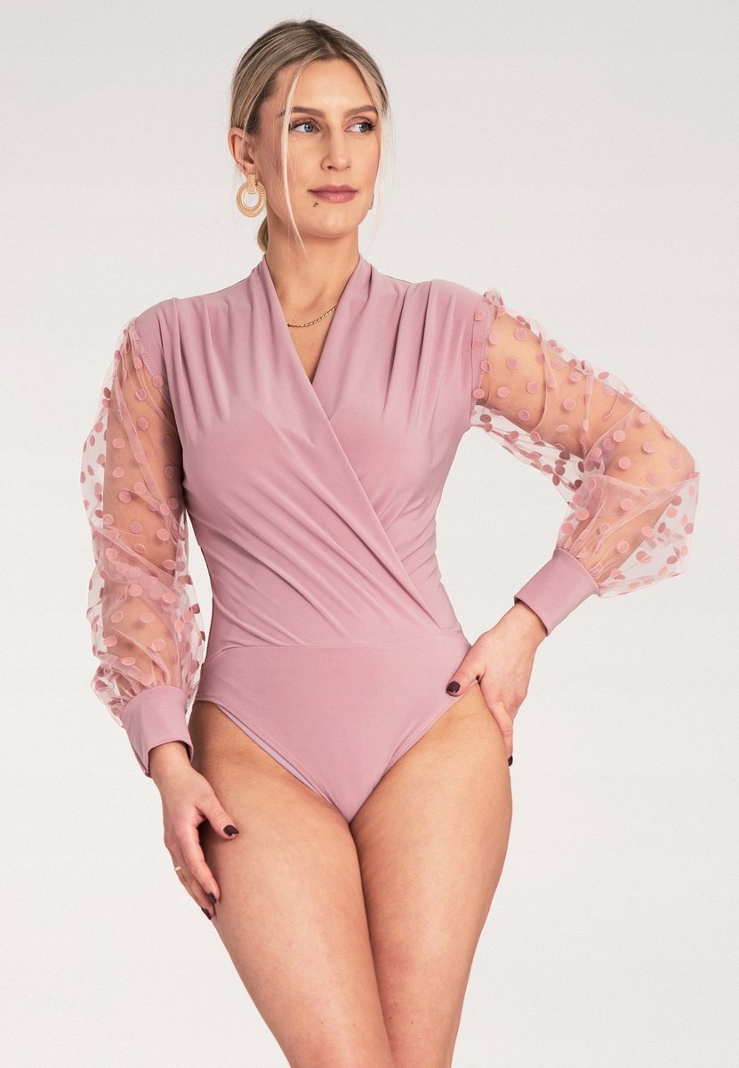 Eleganckie body damskie - Body z długim rękawem - Różowe body M1145 S/M