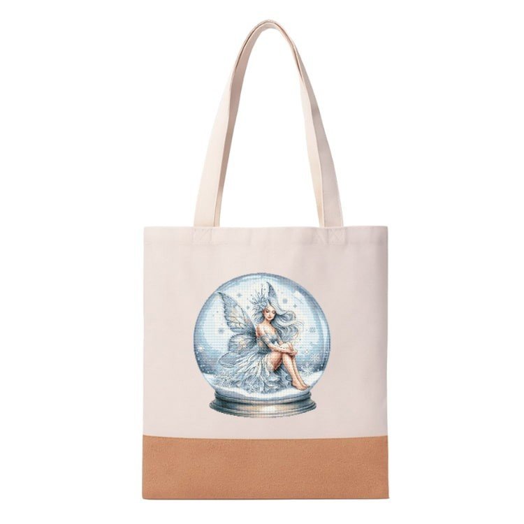 Haft krzyżykowy - Ekologiczna torba z lnu i korka z nadrukiem haftu - Magiczna kula z wróżką