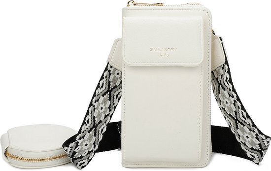 Portfel crossbody Gallantry z przegrodą na smartfon, zapinany na zamek błyskawiczny w kolorze białym, na telefon komórkowy i karty