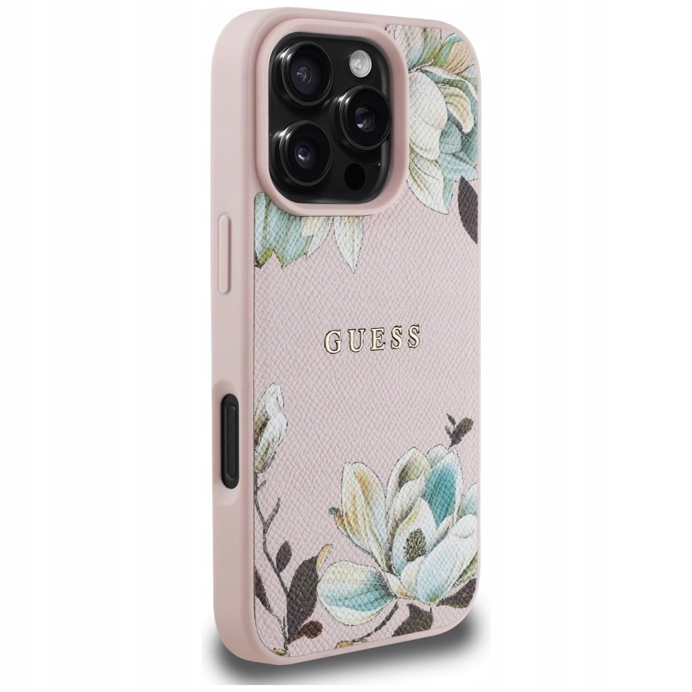 Guess Etui Grained Flower Pattern do MagSafe do iPhone 16 Pro, różowe z kwiecistym wzorem