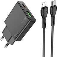 Ładowarki do telefonów - Ładowarka sieciowa do telefonu Hoco Slim USB A + USB C QC3.0 PD 3A 20W + kabel USB C do Lightning N38 czarna - miniaturka - grafika 1