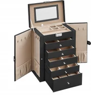 Pudełka i szkatułki - SZKATUŁKA NA BIŻUTERIĘ 6 SZUFLADEK CZARNA KUFEREK ORGANIZER PUDEŁKO BOX - miniaturka - grafika 1