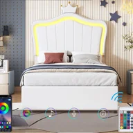 Meble do sypialni - Łóżko ze sztucznej skóry 90x200 cm - z oświetleniem LED i podstawą z listew - Biały - miniaturka - grafika 1