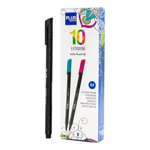 Plus Office 10 cienkich pisaków 0,4 mm, idealne do pisania, malowania i rysowania, długopisów szkolnych z cienką końcówką, kolorowy tusz na bazie wody (czarny)