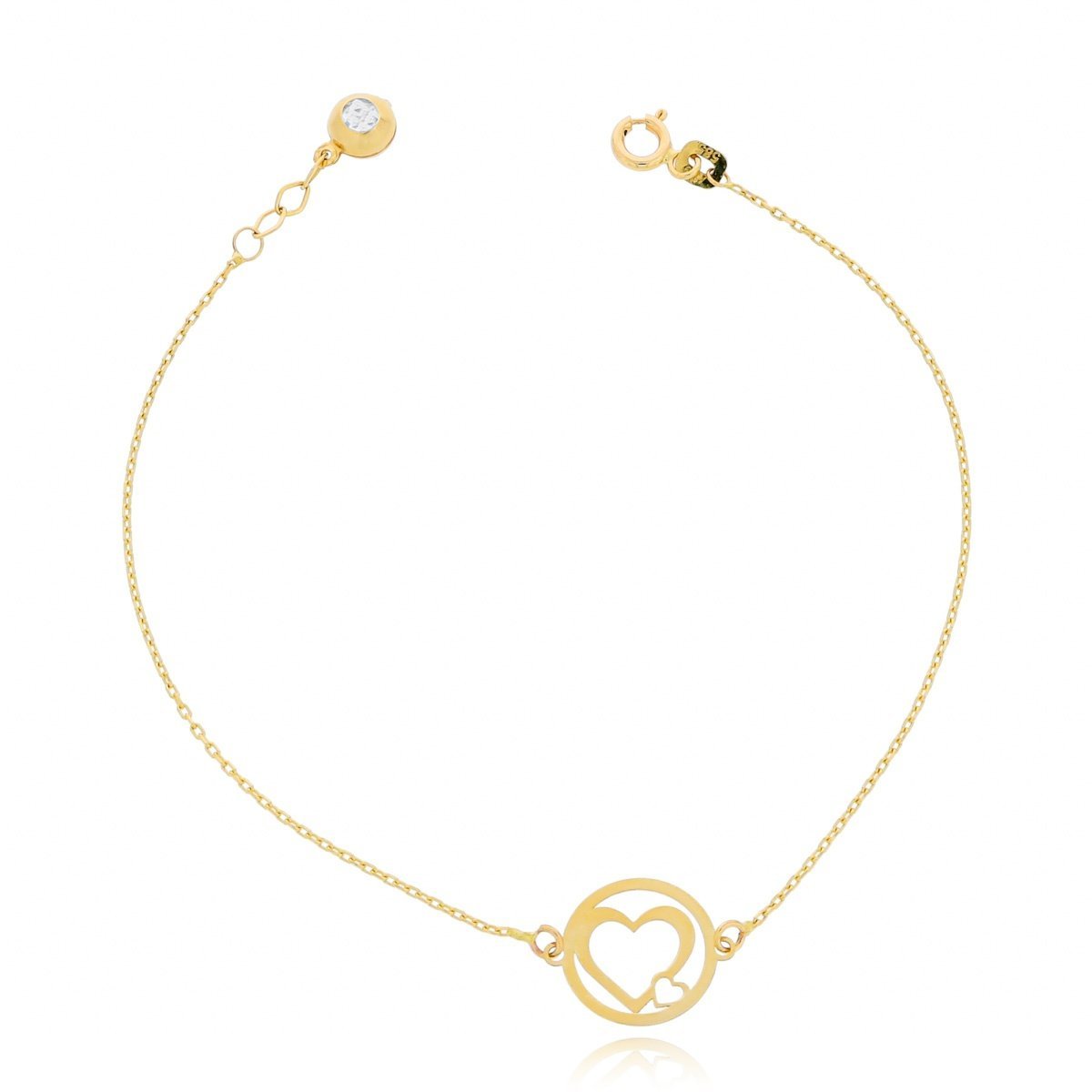 Złota bransoletka celebrytka serduszka w kółku i kulka z cyrkonią pr. 585