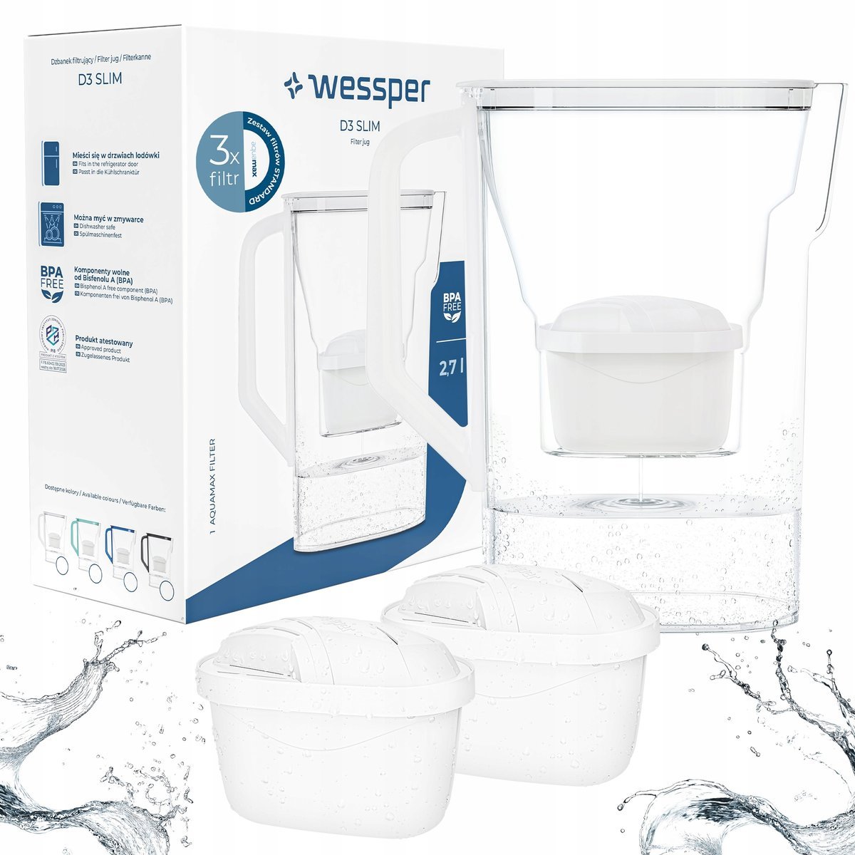 Dzbanek filtrujący Wessper D3 Slim Aquamax 2,7l - zestaw 3x filtr do wody