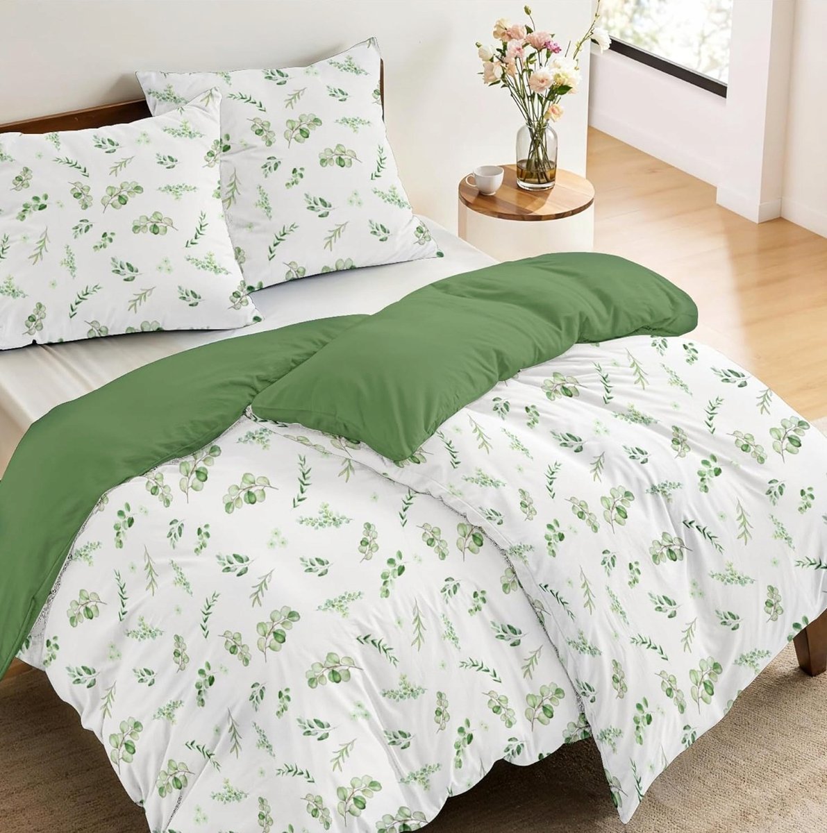 POŚCIELI ZESTAW 135X200 ZIELONY WZÓR BOTANICZNY MIKROFIBRA ZAMEK KOMPLET