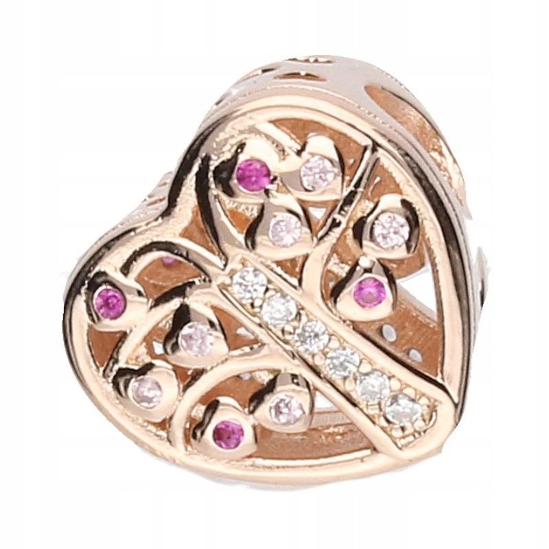 Zawieszka Ażurowa Bead Serce z Cyrkoniami Srebro 925 Złocone Różowo 2.42g