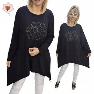 MODNA ASYMETRYCZNA TUNIKA BLUZKA długi rękaw cyrkonie luźna 50 52 5XL 3134 - Bluzki damskie - miniaturka - grafika 1