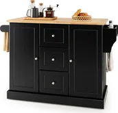 Wózki kuchenne - KOMFOTTEU dębowy wózek kuchenny z 2 szafkami i 3 szufladami, szafka z 5 kółkami i metalowymi zawiasami, wyspa kuchenna do salonu i jadalni (czarny) - miniaturka - grafika 1