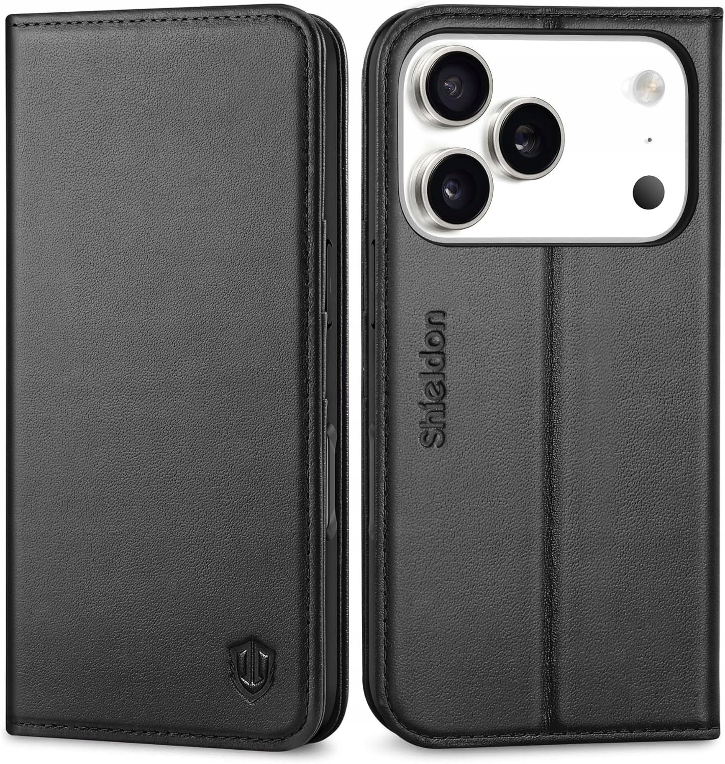 Etui z klapką Portfel Shieldon Prawdziwa Skóra do iPhone 17 Pro czarny
