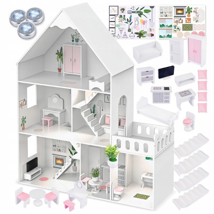 Duży Domek Dla Lalek Drewniany Kinderplay Led Willa Xxl 118Cm Meble Garaż