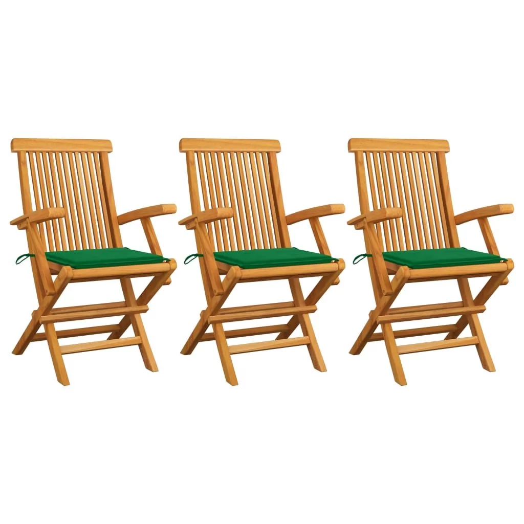vidaXL Krzesła ogrodowe, zielone poduszki, 3 szt., lite drewno tekowe