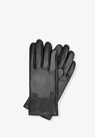 Rękawiczki - Damskie rękawiczki ze skóry naturalnej z kwiatowym wzorem czarne - miniaturka - grafika 1