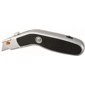 Nożyce i noże - Dedra nóż z ostrzem trapezowym, rączka metalowa z gumą, szybka wymiana ostrza, magazynek z 2 ostrzami zapasowymi M9019 - miniaturka - grafika 1