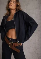 Kurtki damskie - Granatowa Przejściowa Kurtka Jeansowa Balloon z Bawełny z Kołnierzykiem Abijena - miniaturka - grafika 1