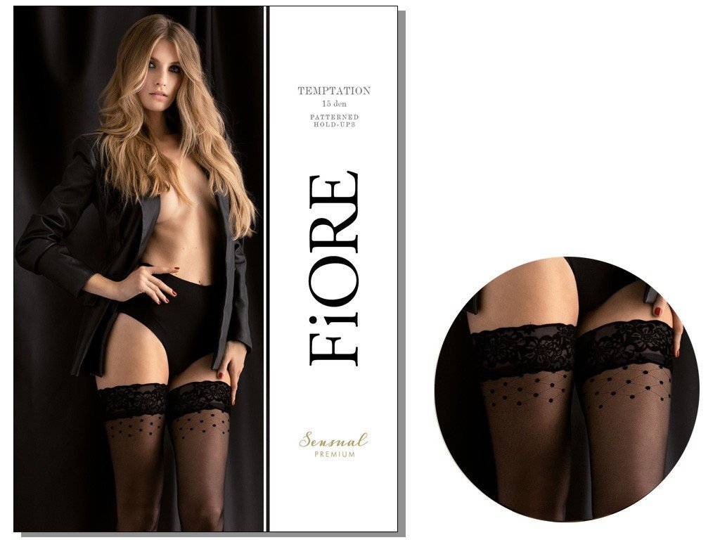 Pończochy samonośne z koronką i wzorem TEMPTATION 15 DEN 4 Black