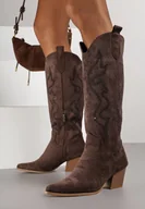 Kozaki damskie - Brązowe Kozaki Kowbojki na Stożkowym Obcasie Zdobione Cyrkoniami Nalasania - miniaturka - grafika 1