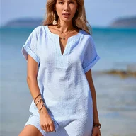 Sukienki - TEMU letnia i jesienna sukienka w paski z nadrukiem, losowymi wycięciami i dekoltem w serek, wykonana z eleganckiej i codziennej tkaniny, idealna na - miniaturka - grafika 1