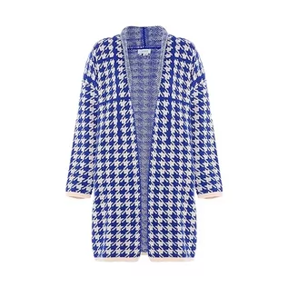 Swetry damskie - Caneva Elegancki, klasyczny, długi kardigan z wzorem w pepitkę, wełniano-biały, niebieski, w kratkę, rozmiar M/L, Wełna biała, niebieska, w kratkę, M - grafika 1