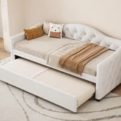 Łóżka dla dzieci i młodzieży - Łóżko pojedyncze 90x200cm + łóżko piętrowe 90x190cm - tapicerowane tkaniną lnianą - beżowe (materac nie wchodzi w skład zestawu) - miniaturka - grafika 1