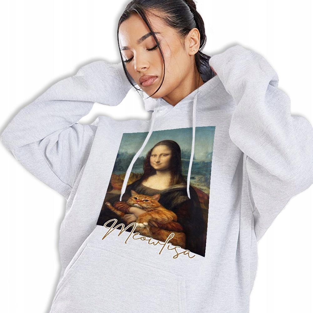 Bluza Z Kapturem Szara MEOWLISA Młodzieżowe Trendy Stylowe Wzory Rozmiar XL