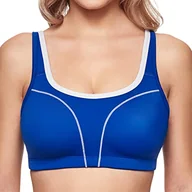 Koszulki i topy damskie - SUSA Sportowy biustonosz damski High Support I damski biustonosz bez fiszbin z uformowanymi miseczkami I sportowy biustonosz crop top z szarym obszyciem I mocne trzymanie I odporny na pot, niebieski - miniaturka - grafika 1