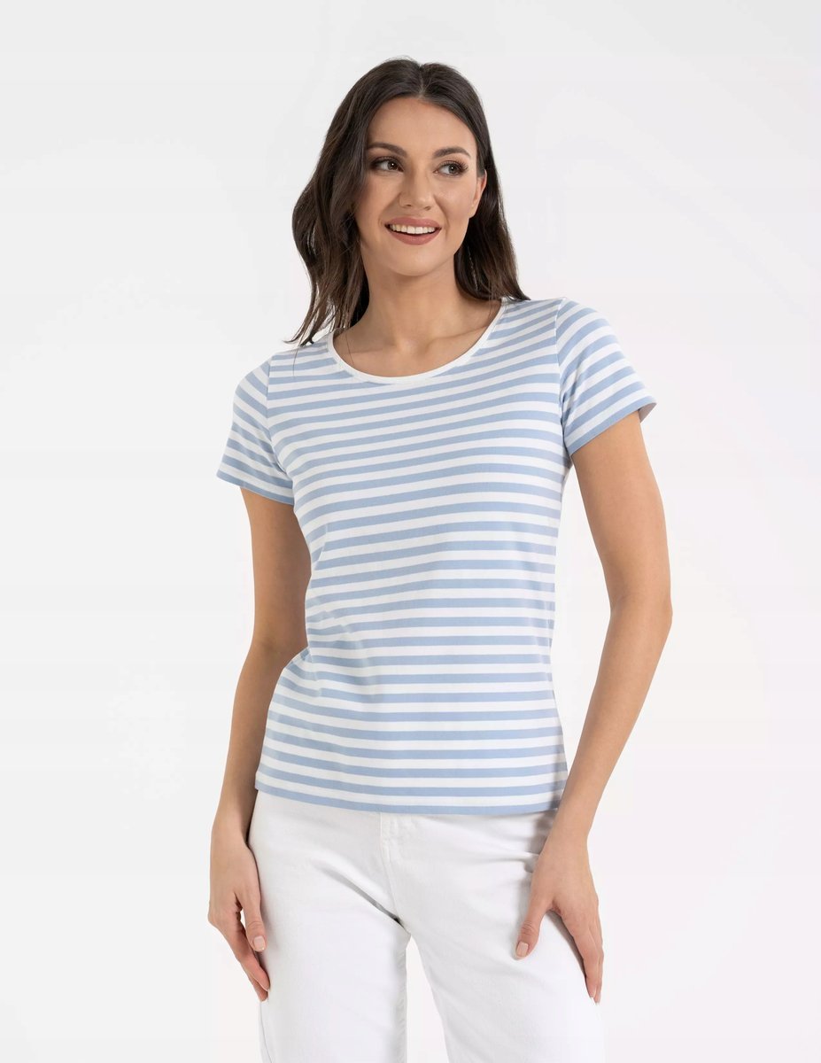 Damska Koszulka T-shirt Bawełniana w Paski Klasyczna BŁĘKITNA MORAJ S