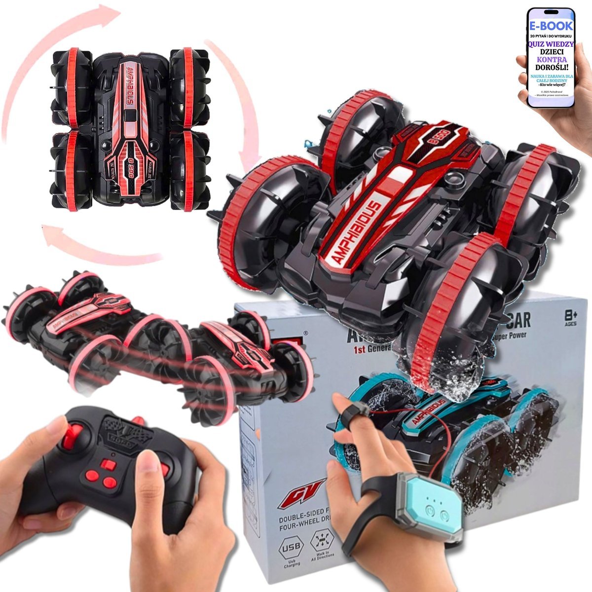 POJAZD KASKADERSKI 2w1 AUTO RC 4x4 STEROWANE GESTAMI OBROTY 360° JAZDA TERENOWA I NA WODZIE Prezent Dla Wnuczka Syna Chłopca + EBOOK-2