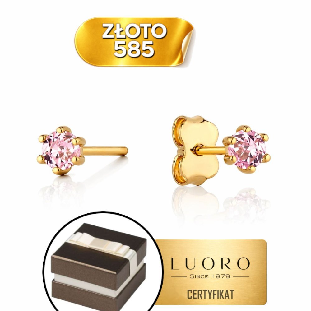 KOLCZYKI ZŁOTE 585 14K KWADRAT RÓŻOWA CYRKONIA SZTYFT 3 CM ELEGANCKIE