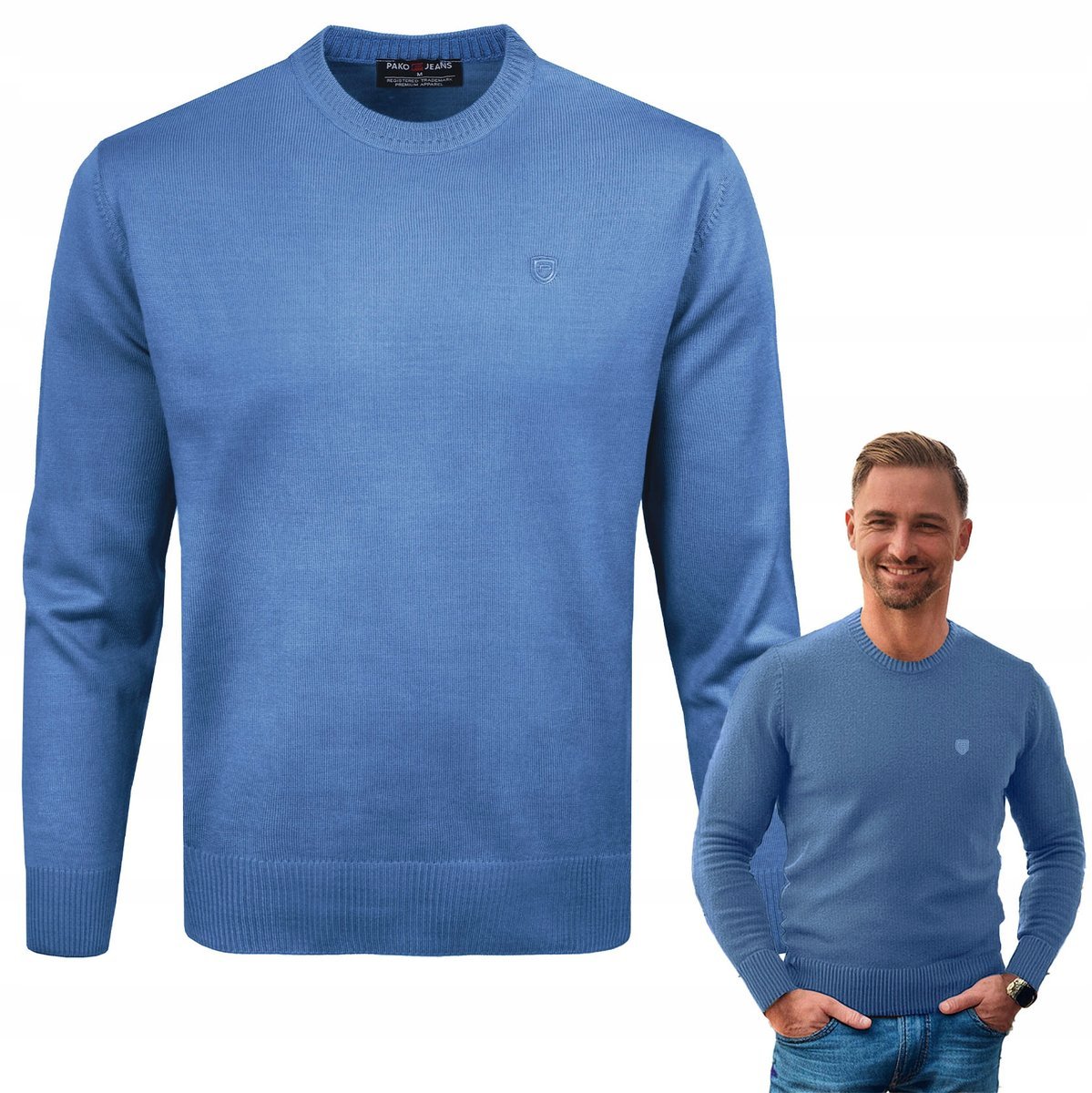 SWETER Męski Klasyczny BASIC Gładki NIEBIESKI melanż XL Pako Jeans