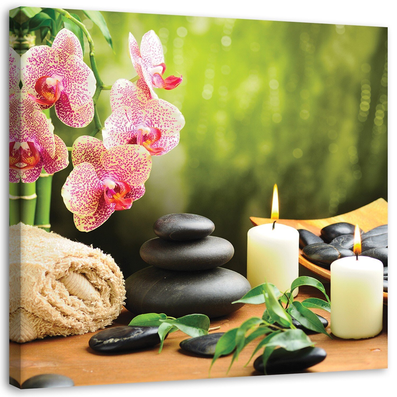 Obraz na płótnie świeca orchidea i kamienie zen 50x50 cm tapeta 3D VLIES fototapetaReplika acja ścienna projekt salon sypialnia przedpokój biuro kuchnia