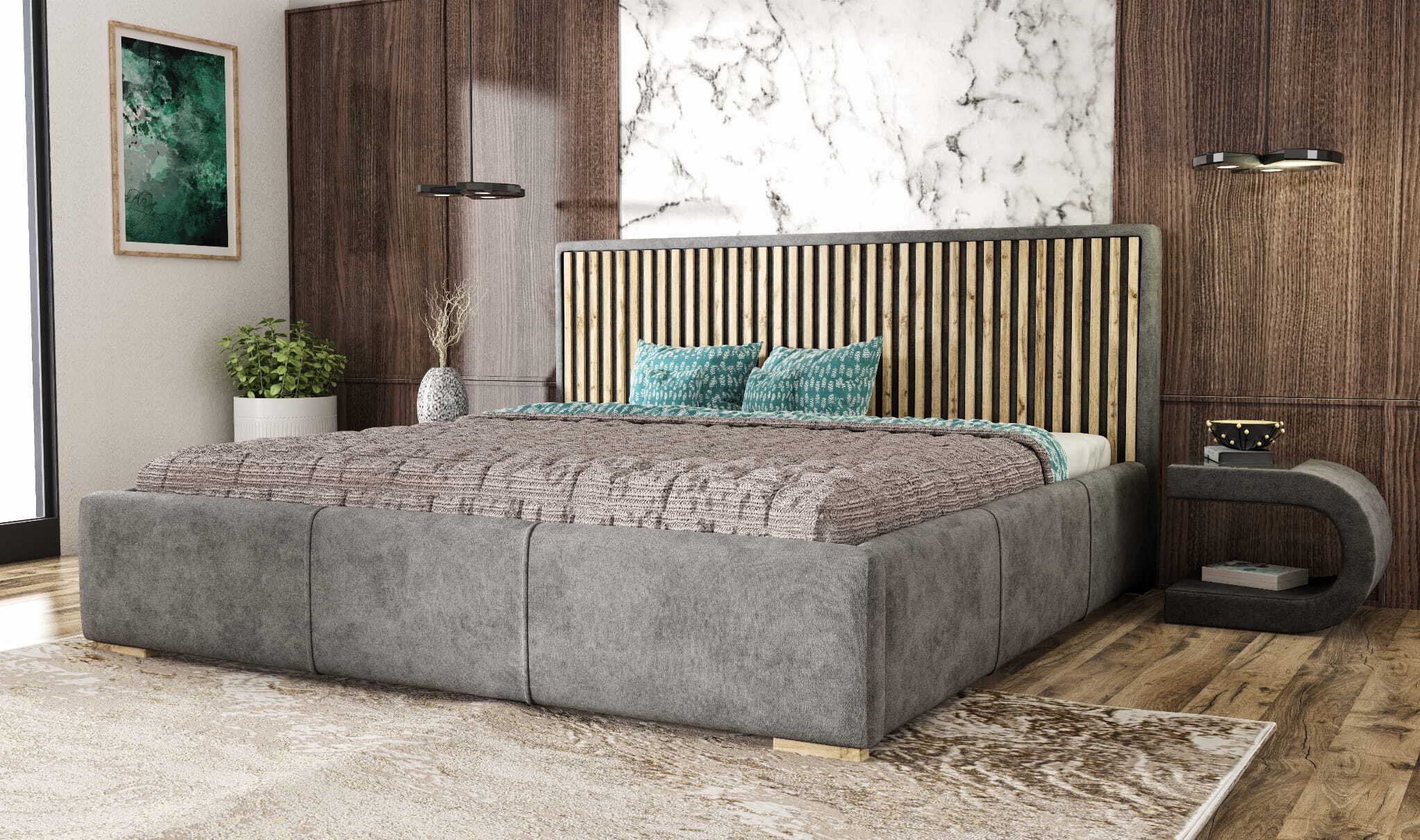 Łóżko tapicerowane AGMAT WOOD z wezgłowiem, 180 x 200 cm, łóżko podwójne z podstawą łóżka i metalową ramą z listew, tkanina welurowa: szary