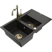 Zlewozmywaki z baterią - Mexen Gaspar zlewozmywak granitowy 1,5-komorowy z ociekaczem i baterią kuchenną Carla, czarny/złoty metalik - miniaturka - grafika 1