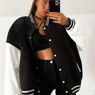 Kurtki damskie - TEMU Kurtka Baseballowa Damska – Dwukolorowa Czarna, Gruba Kurtka Casual na Codzienność i Wydarzenia Formalne, Pranie w Praniu Maszynowym, - miniaturka - grafika 1
