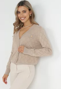 Beżowy Kardigan z Guzikami i Imitacją Kieszeni Nalah - Swetry damskie - miniaturka - grafika 1