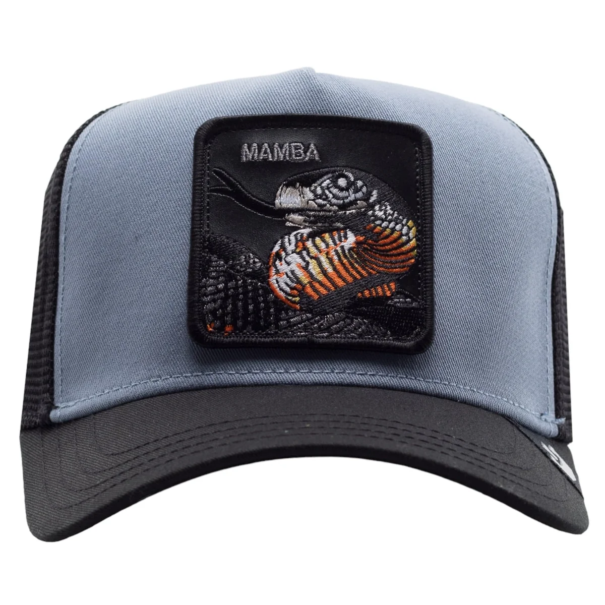 Goorin Bros. Limited Edition Mamba Unisex Slate's Trucker Czapka z daszkiem z tkaniny Regulowane zapięcie na zatrzask, Cobra Patch, Niebiesko-Szara,..