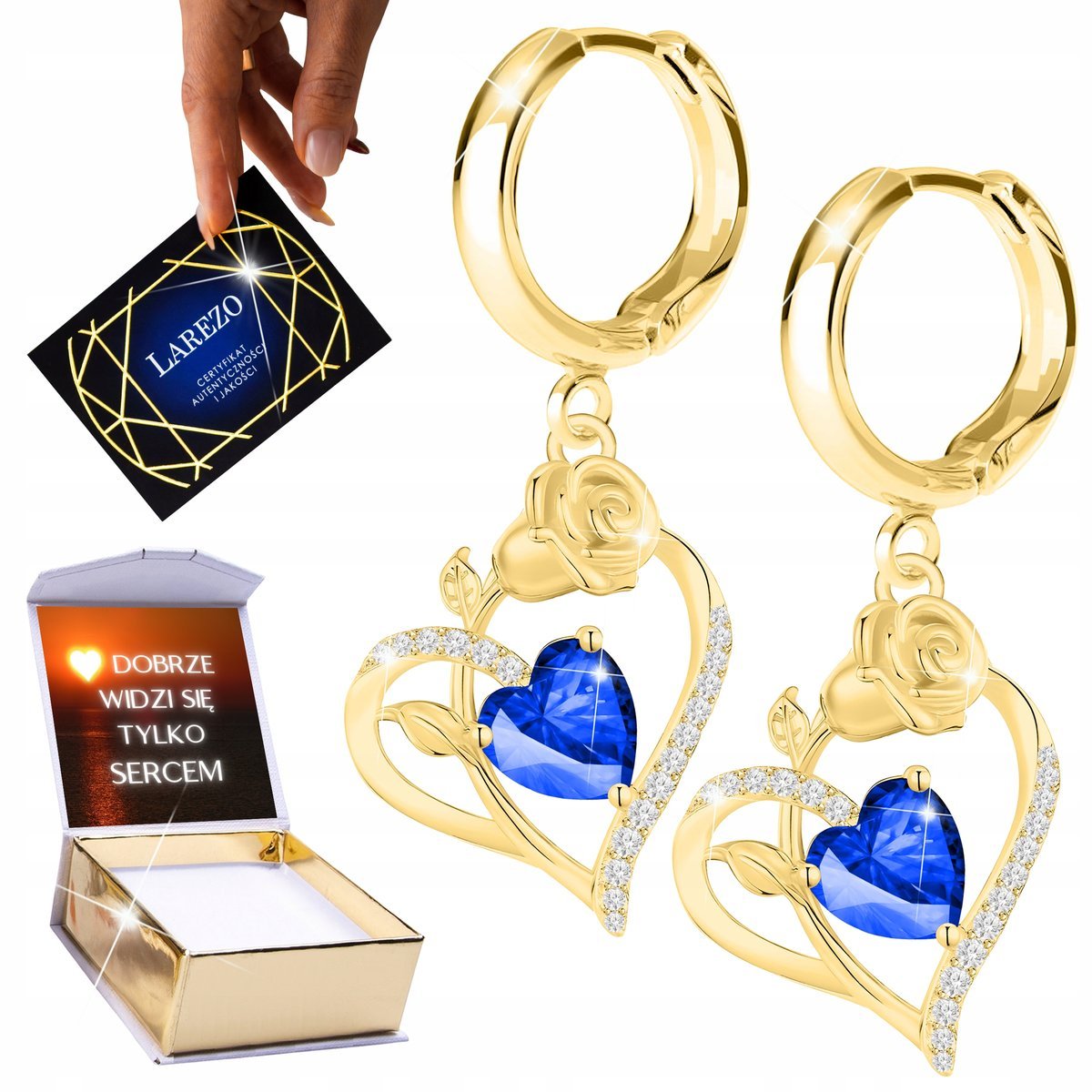 Złote Kolczyki 925 Niebieskie Kryształowe Serca Róże Serce z Różą NADRUK