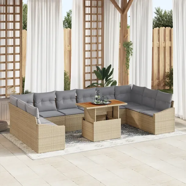Zestaw Obiadowy do Ogrodu dla 9 Osób, Rattan Naturalny, Beżowy, Prostoką